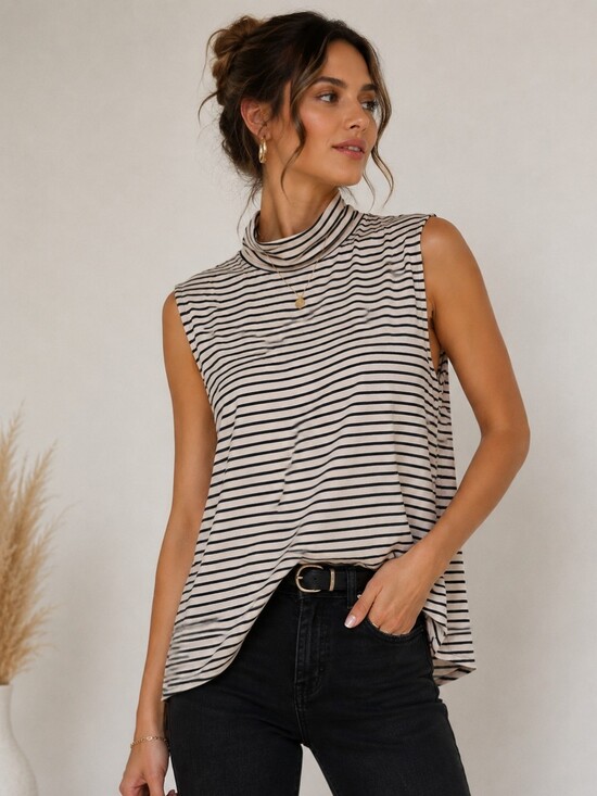 Cable & Gauge Tops - Cable & Gauge | Striped Sleeveless Mock Neck Top in Beige and Black, Size XL